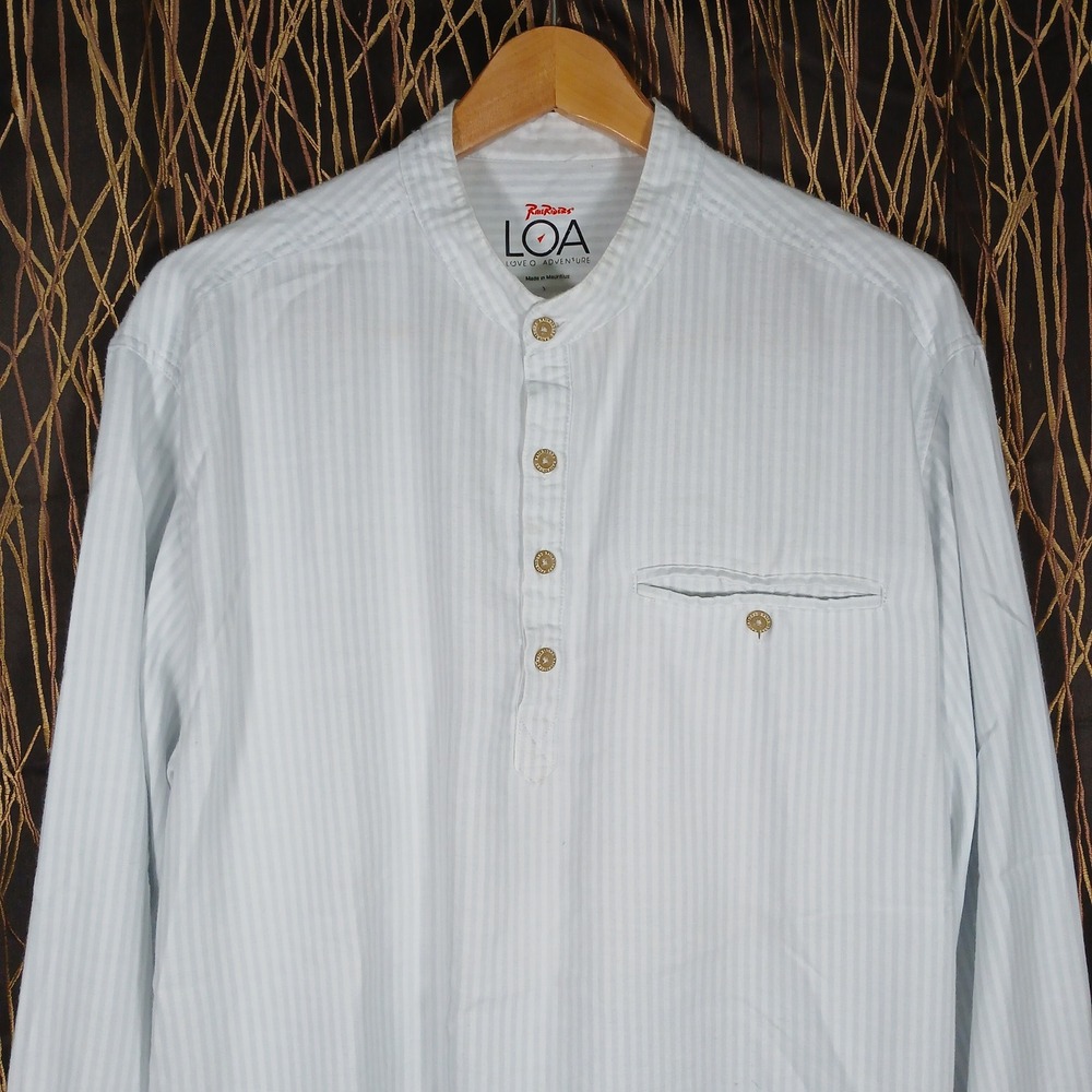 RailRiders LOA Henley Shirt Mens XL Blue White Stripe Band Collar RR-SPS
